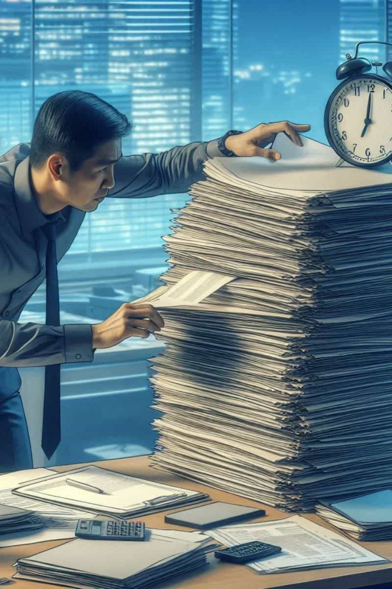 A person searching through a stack of documents